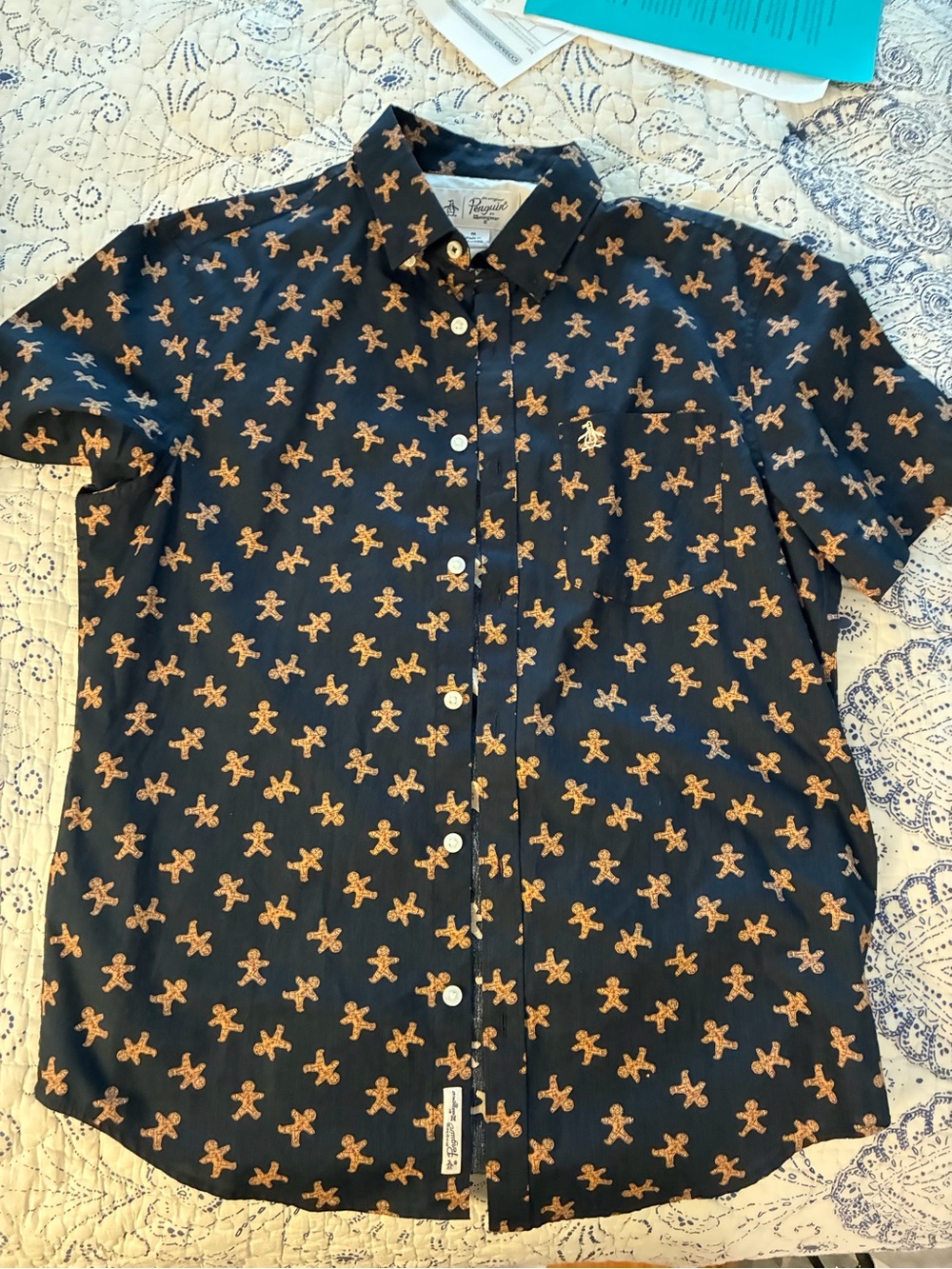 Original Penguin Navy Short-Sleeve Gingerbread Print Shirt - Medium